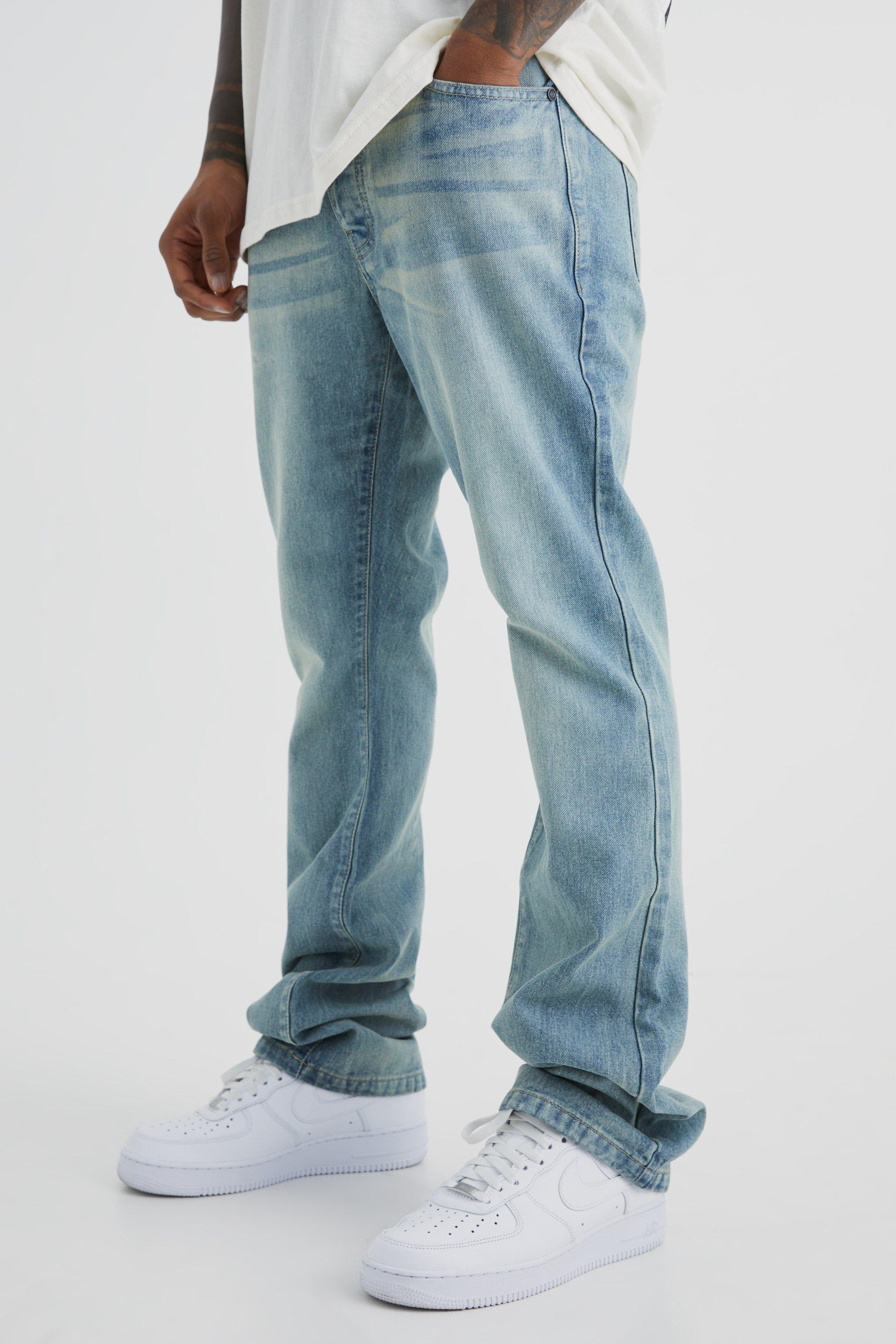 Mens Blue Slim Flare Rigid Washed Jeans, Blue